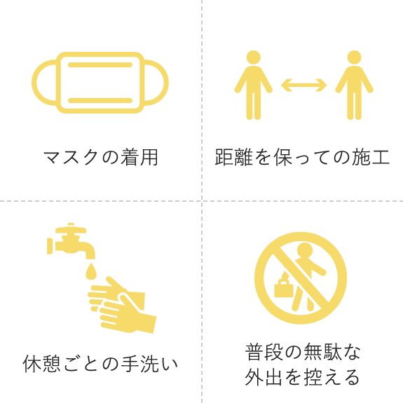 ・マスクの着用 ・距離を保っての施工 ・休憩ごとの手洗い ・普段の無駄な外出を控える